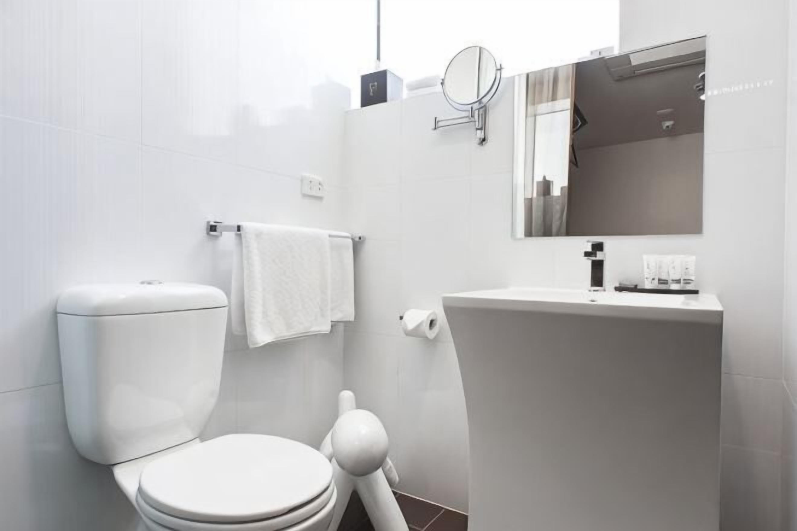 A modern bathroom with a toilet, sink, and mirror.