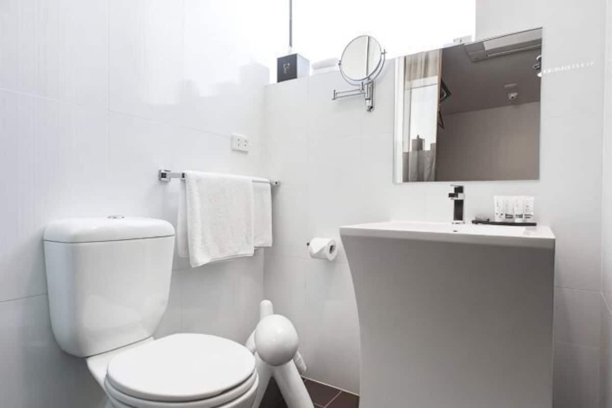 A modern bathroom with a toilet, sink, and mirror.