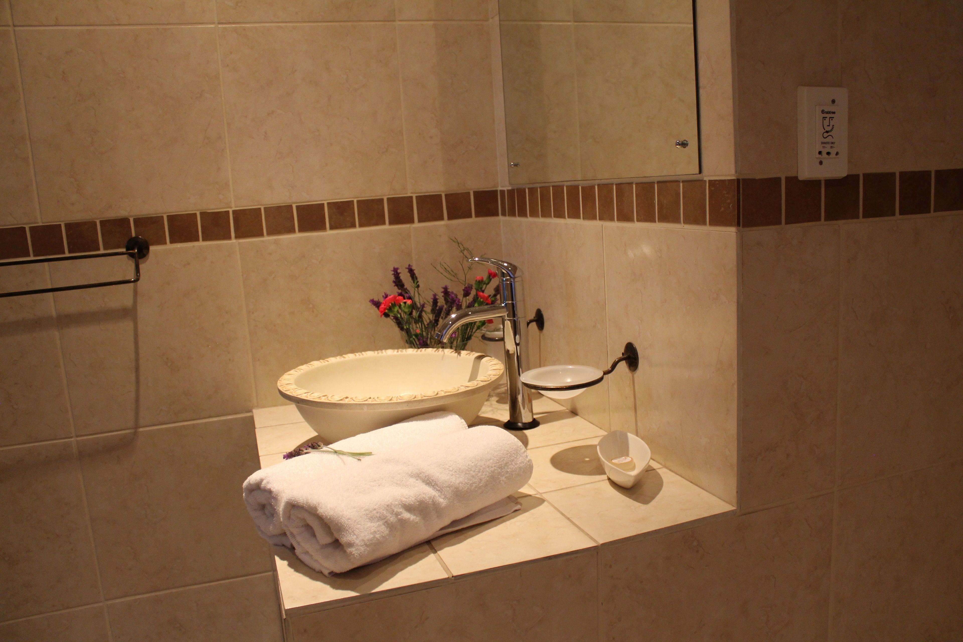 A bathroom with a large sink, a towel, and a small basin.