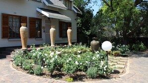 A house with a garden featuring white roses and large vases.