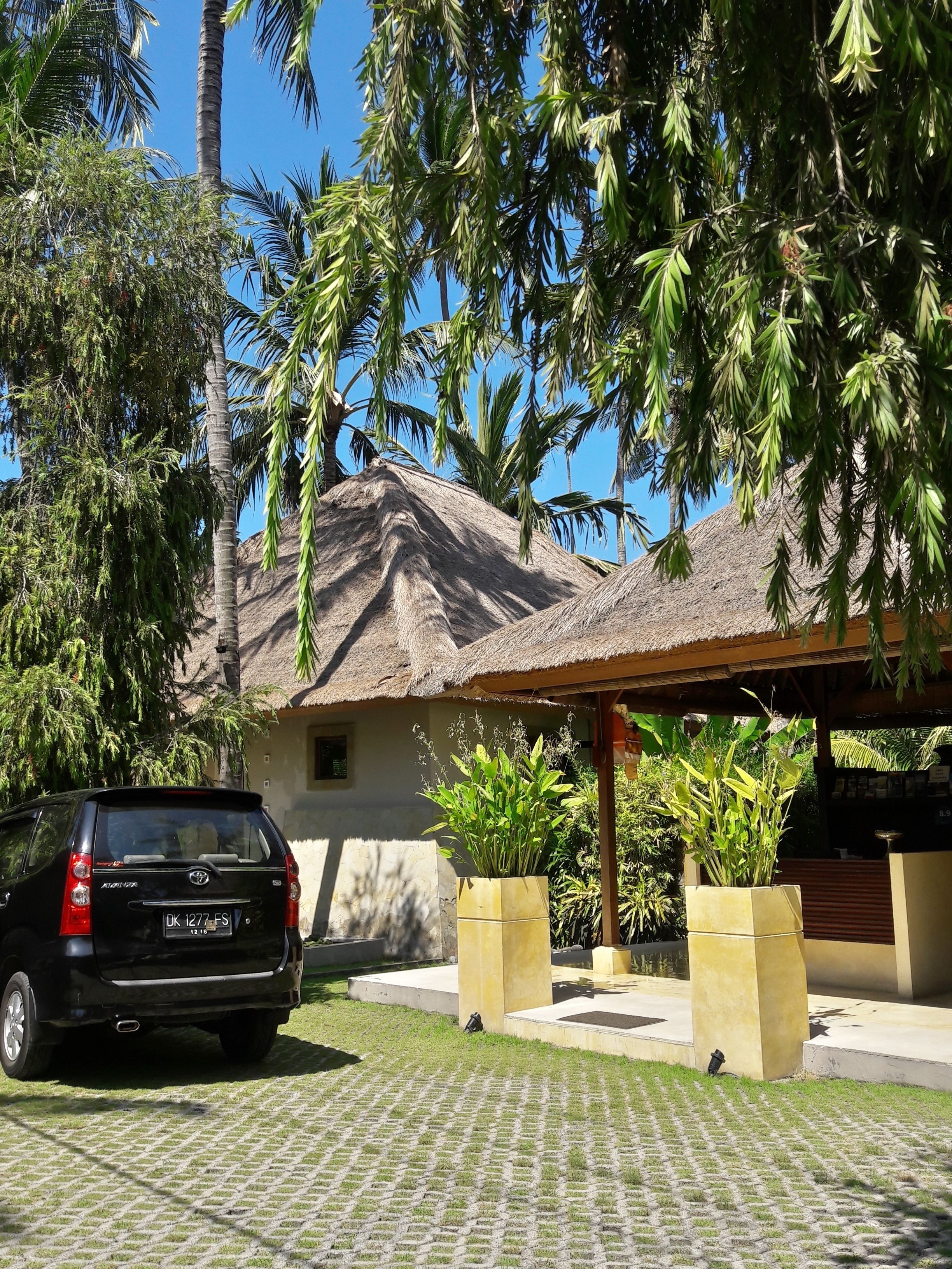 A black SUV parked in front of a building with a thatched roof, surrounded by palm trees and potted plants.