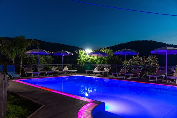 Seasonal outdoor pool, pool umbrellas, pool loungers