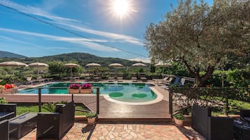 Piscina stagionale all'aperto, ombrelloni da piscina, lettini