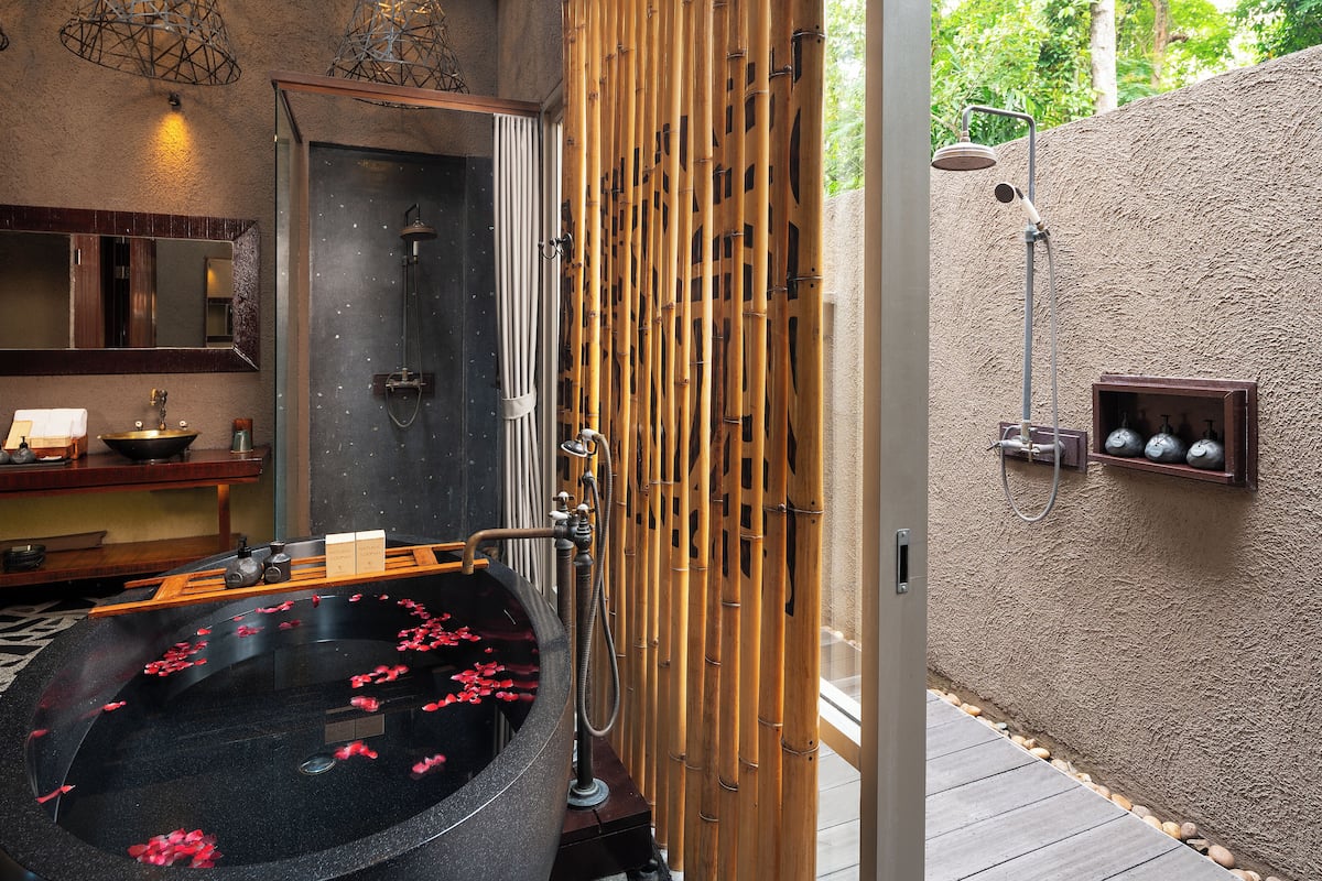 clay pool cottages | bathroom | separate bathtub and shower, deep-soaking bathtub, rainfall showerhead