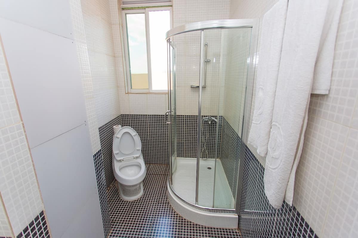 combined shower/bathtub, jetted bath, hair dryer, slippers