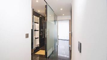 Shower, designer toiletries, hair dryer, towels