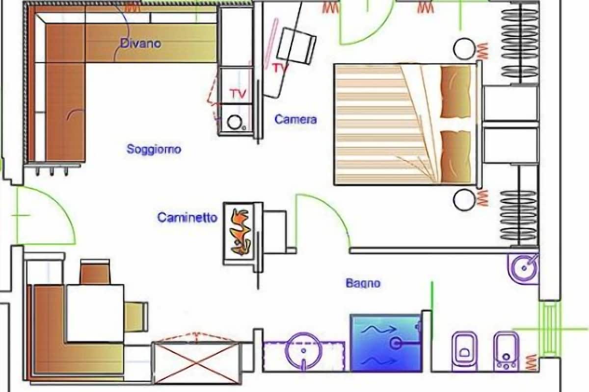 A floor plan with a balcony, divano, camera, TV, caminetto, and bagno.