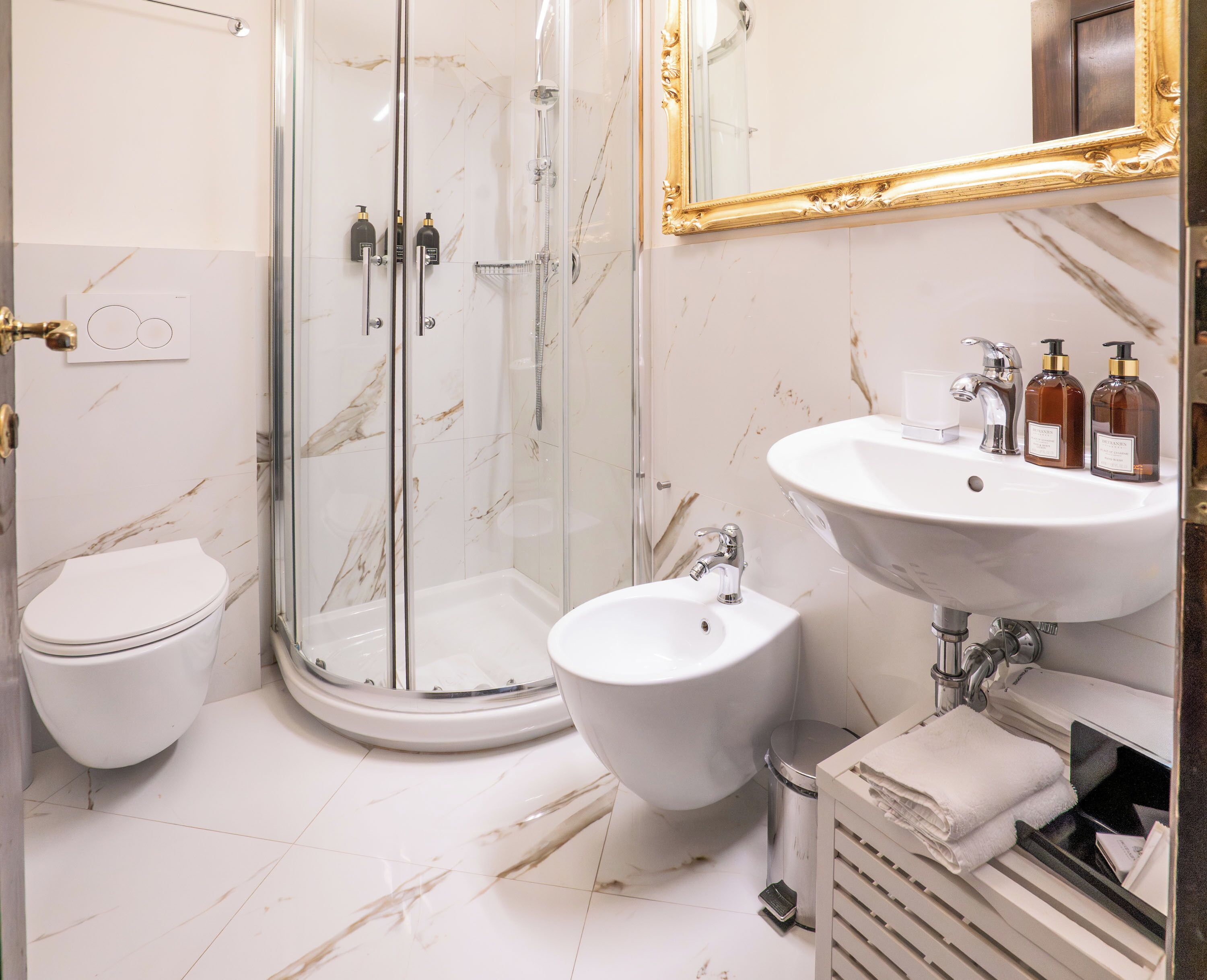 A bathroom with a glass-enclosed shower, a bidet, a sink with toiletries, and a mirror with an ornate frame.
