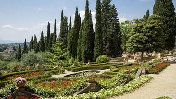 Un jardín formal con setos cuidadosamente recortados, una fuente central y altos cipreses.