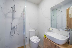 淋浴設備、吹風機、拖鞋、毛巾