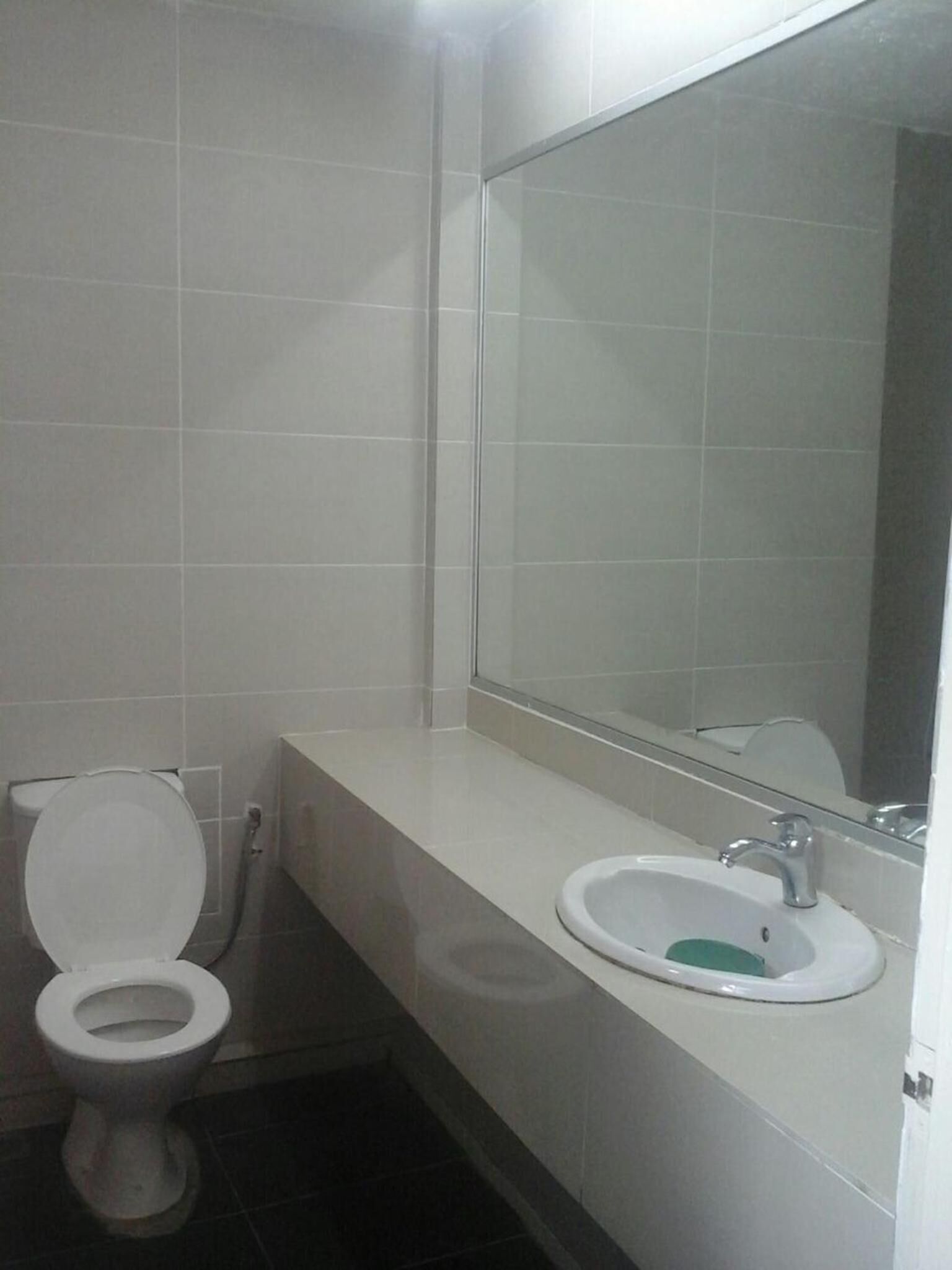 Un bagno con il water, un lavandino e uno specchio.
