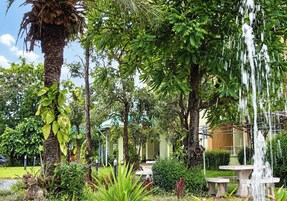 En have med en springvand, palmer og frodig vegetation.