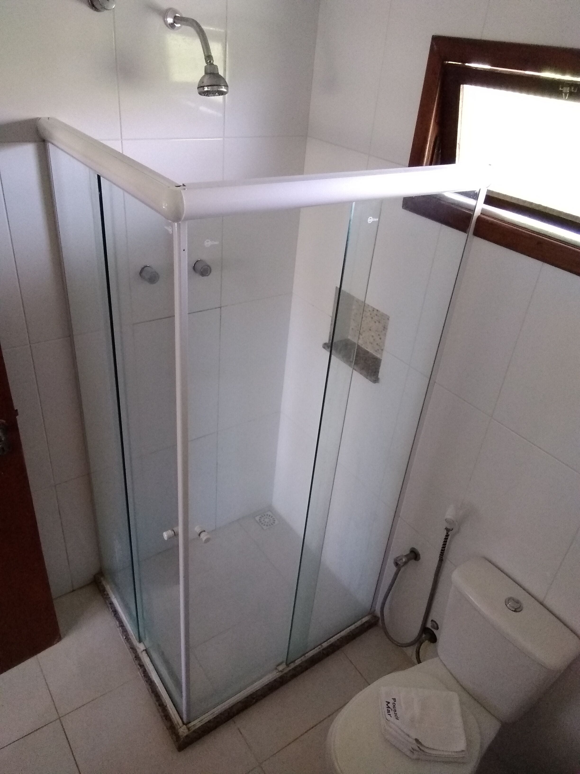 A glass-enclosed shower stall with a white sink and a toilet.