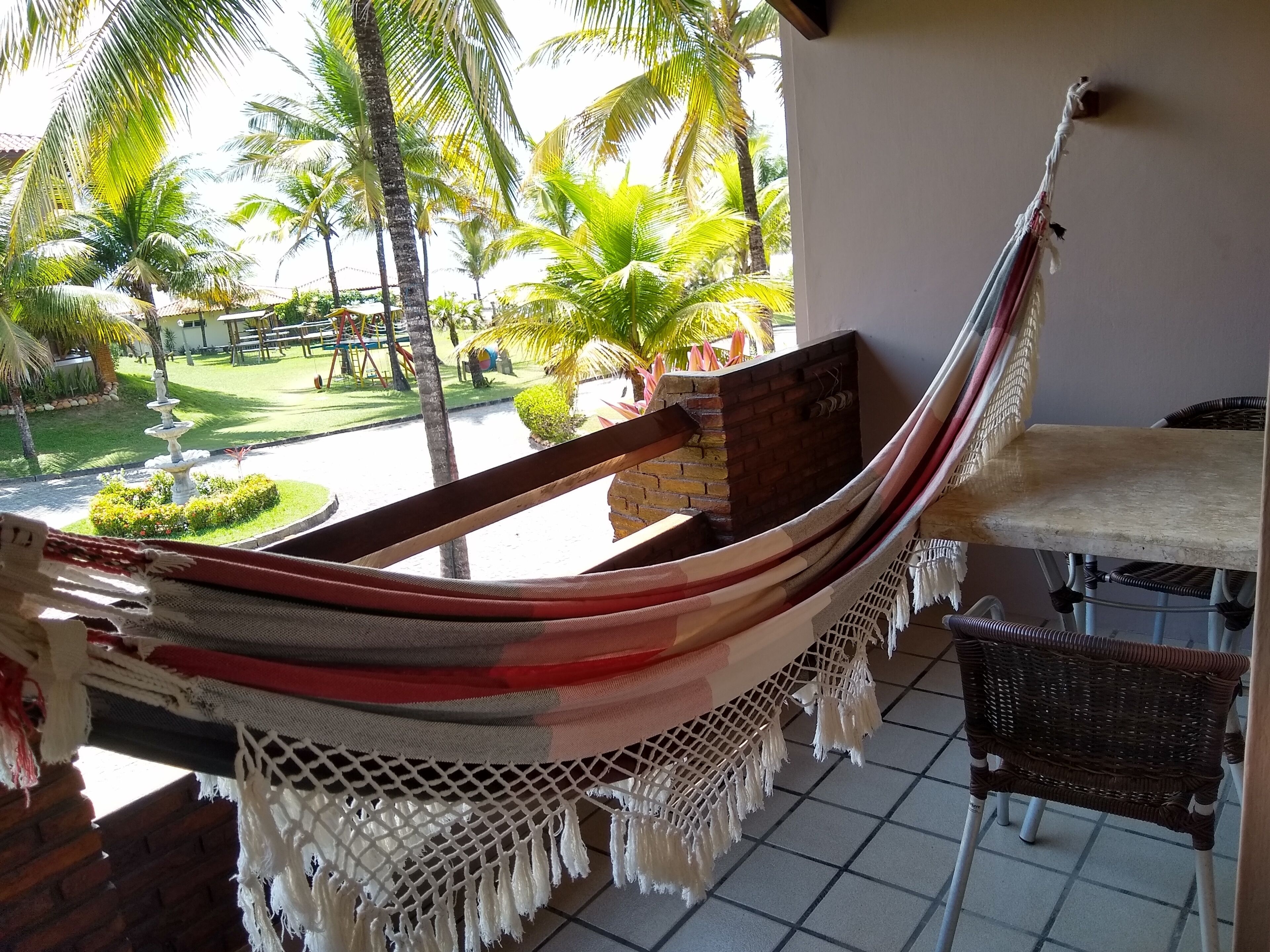 Una silla hamaca con vistas a un jardín y palmeras.
