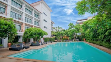 Outdoor pool, pool umbrellas, pool loungers