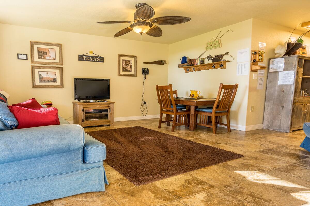 A living room with a blue sofa, a television, a dining table with chairs, and a ceiling fan.