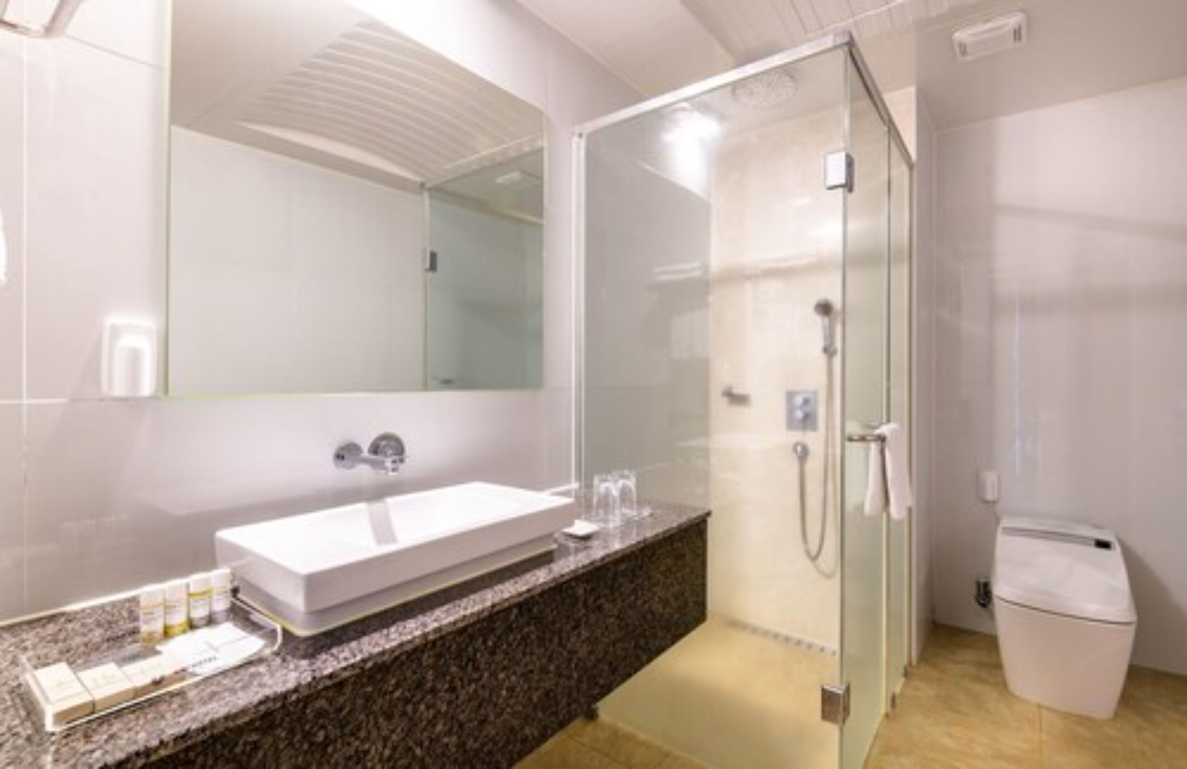 A modern bathroom with a large mirror, a white sink, a shower enclosure, and a toilet.
