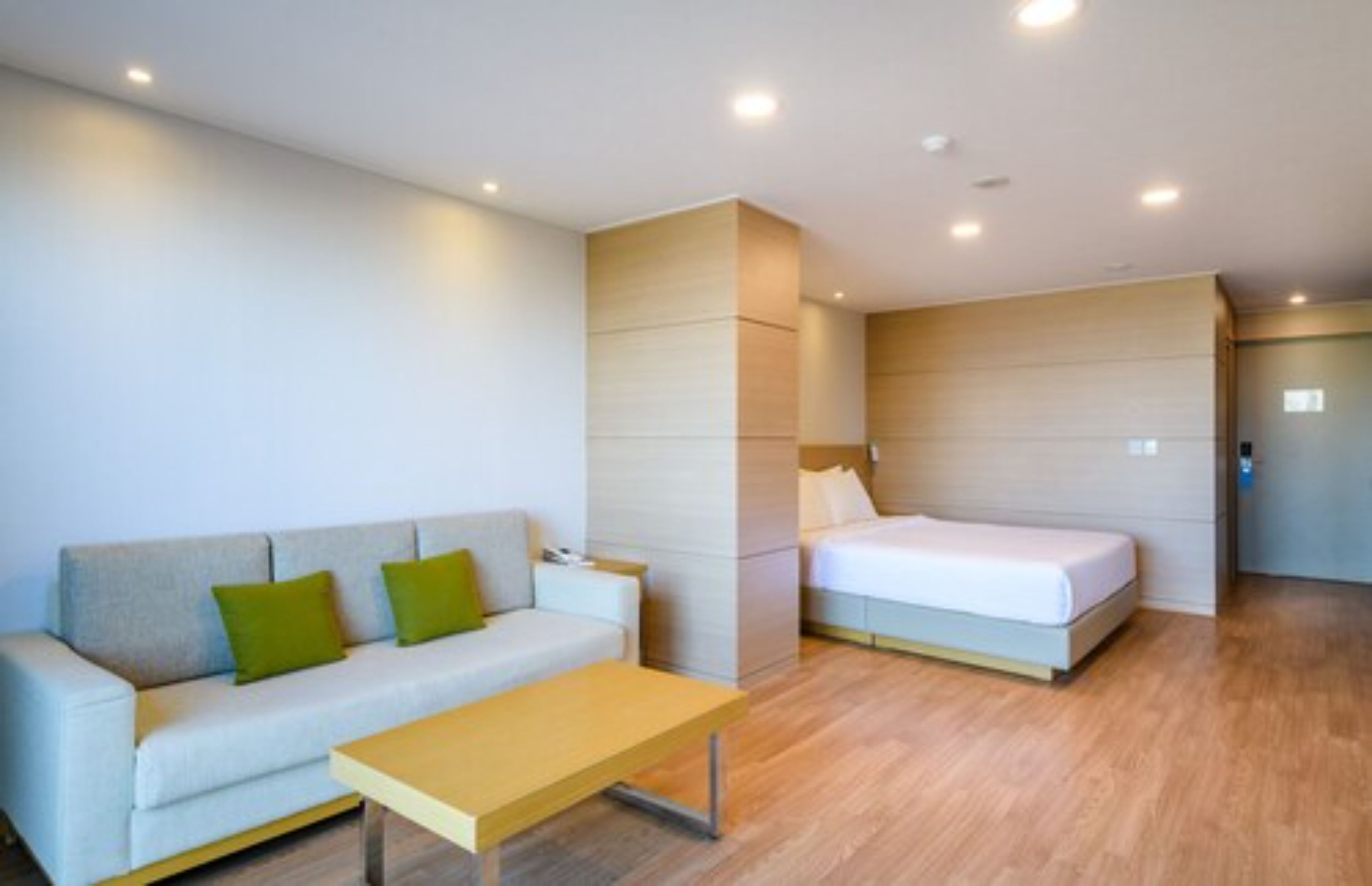 Une chambre d’hôtel moderne avec un canapé, un lit, un plancher en bois et une petite table.