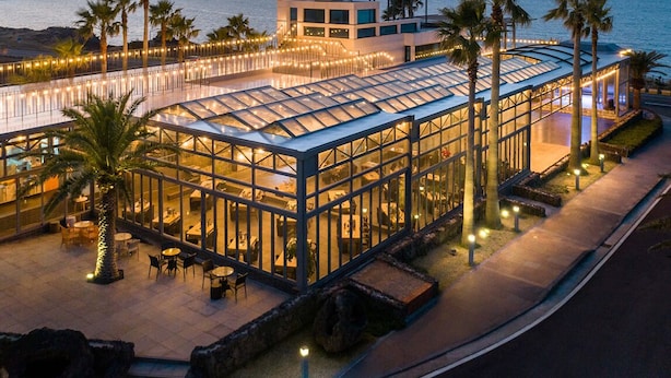 A modern glass-enclosed outdoor area with tables and chairs, palm trees, and a view of the sea at dusk.