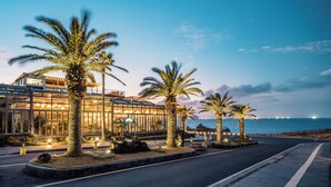 A modern building with large glass windows, palm trees, and a view of the sea.