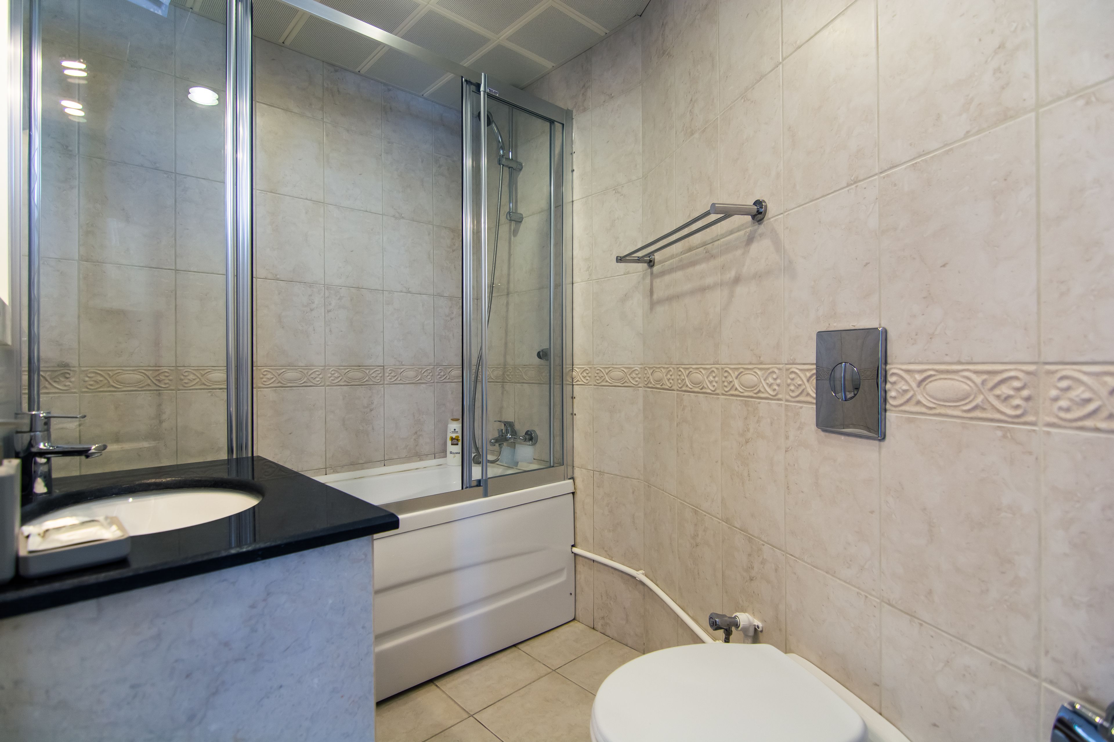 A bathroom with a glass-enclosed shower, a white toilet, and a black sink with a mirror.