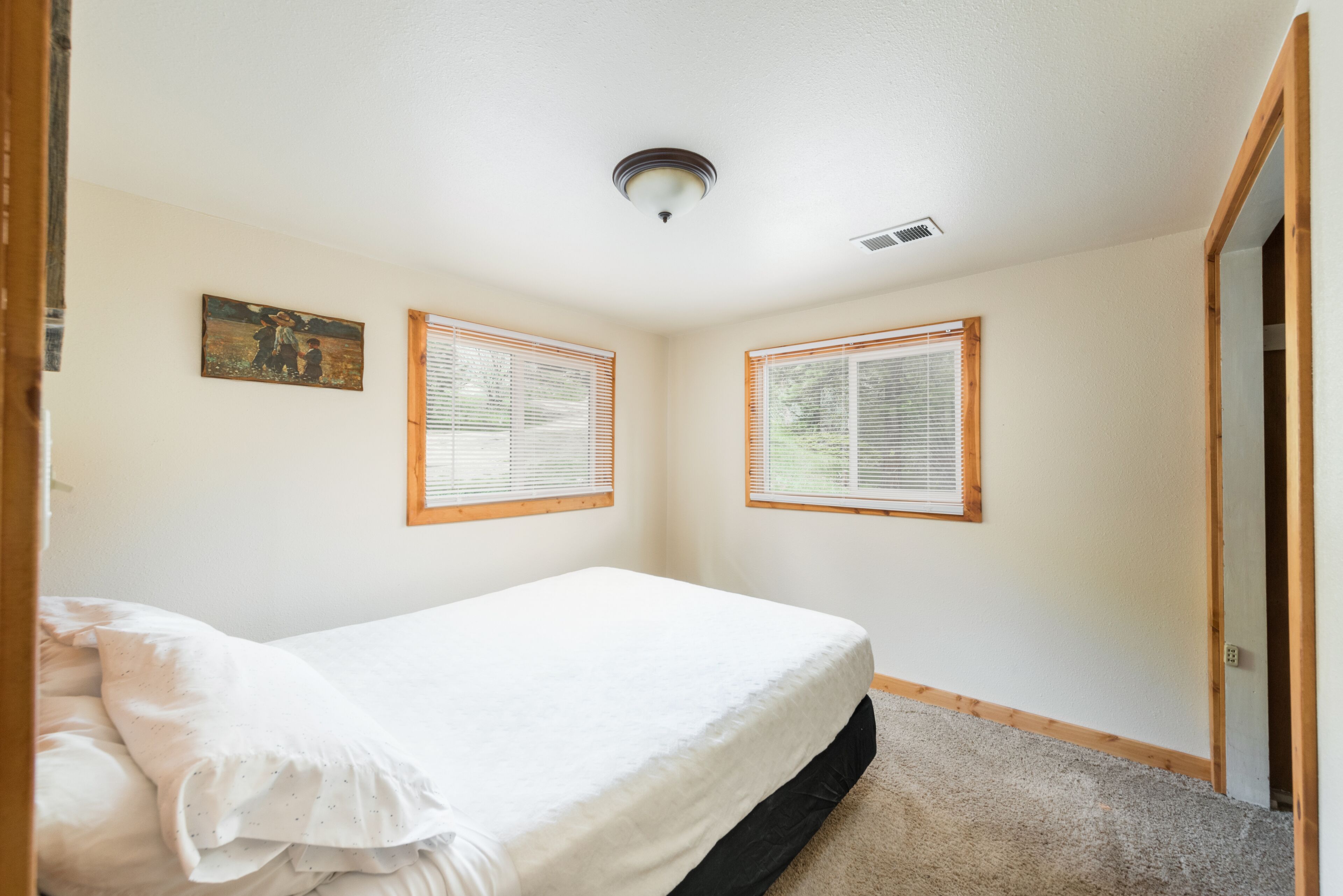 A bedroom with a bed, two windows with blinds, a ceiling light, and a door.