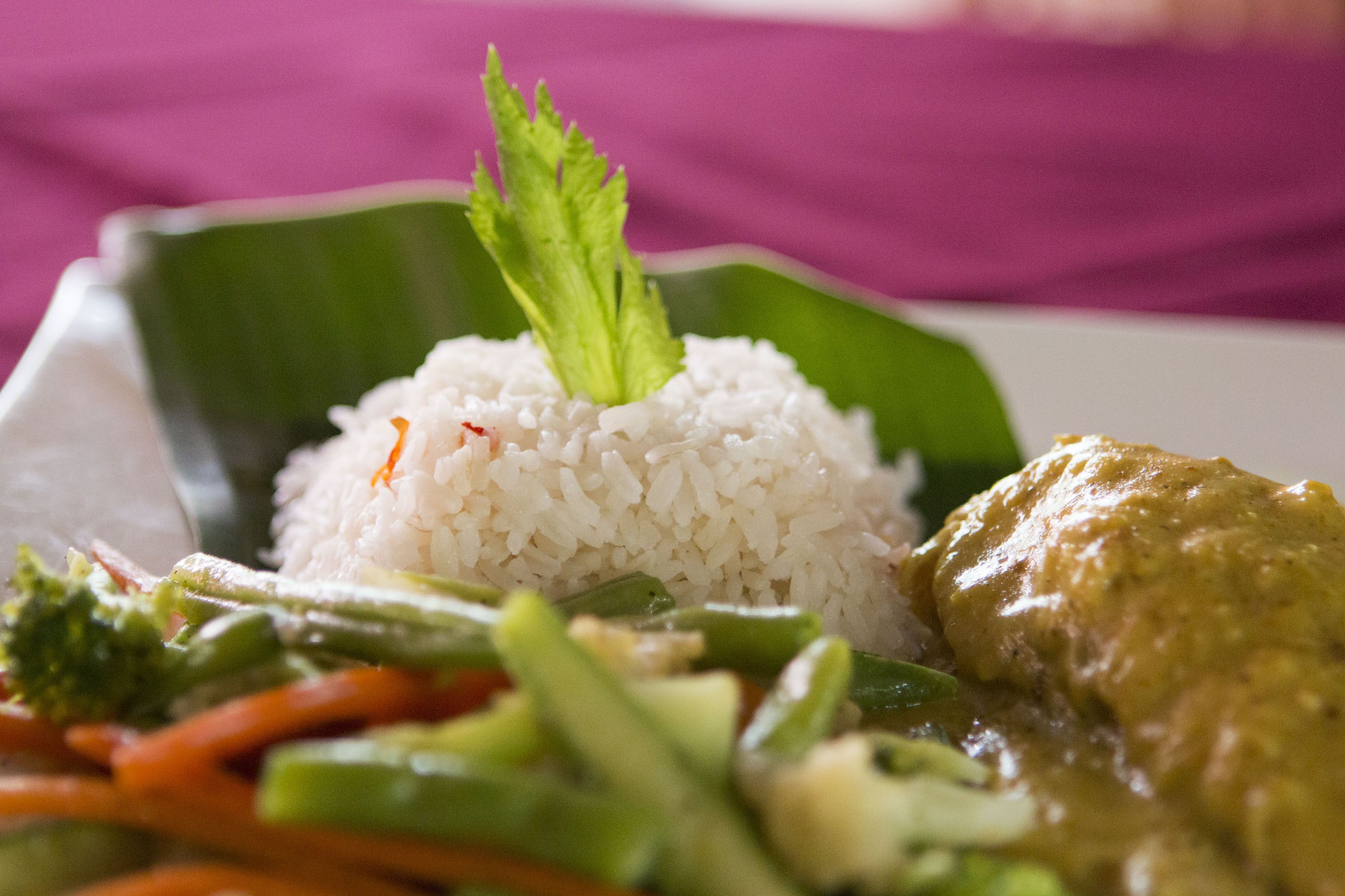 Une assiette de riz blanc, garnie d’une portion de poulet et d’un mélange de légumes.