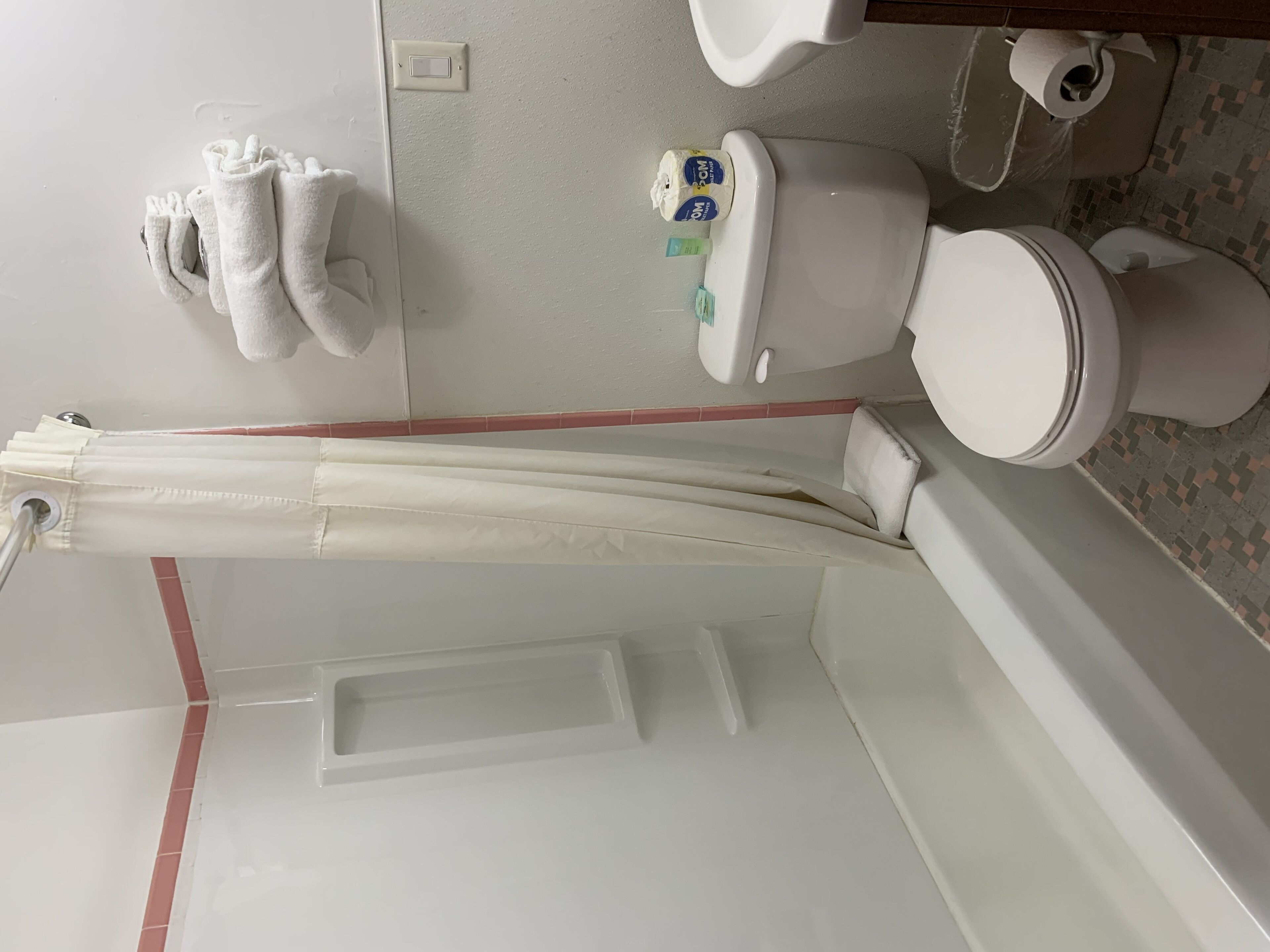 A bathroom with a toilet, a shower curtain, and a towel rack.