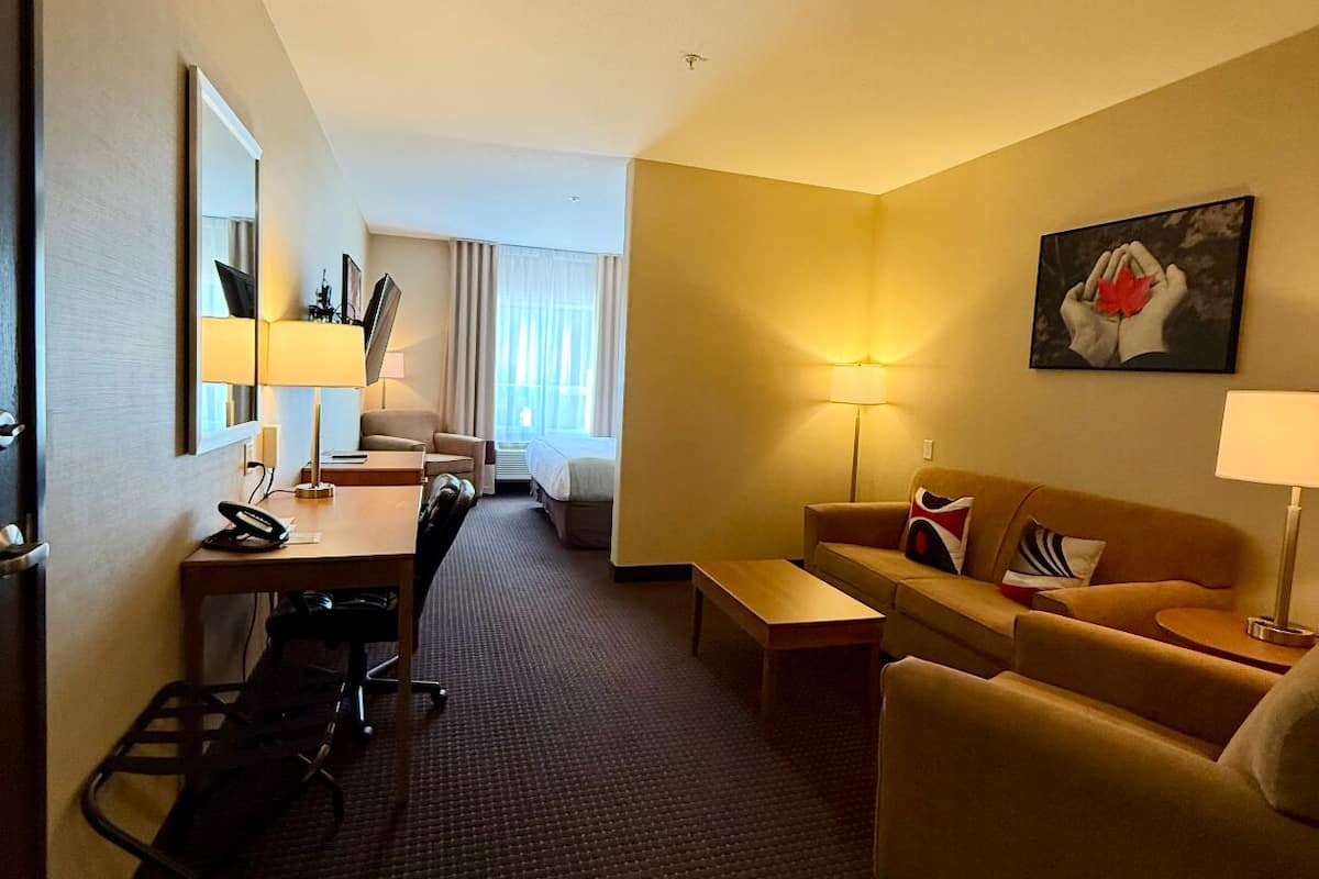 Une chambre d’hôtel avec un lit, un bureau, une chaise, un canapé et un tableau au mur.