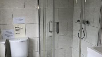 A bathroom with a glass-enclosed shower, a toilet, and a sink.