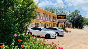 A Budget Inn with two parked cars in front, surrounded by greenery and flowers.
