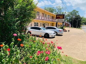 A Budget Inn with two parked cars in front, surrounded by greenery and flowers.