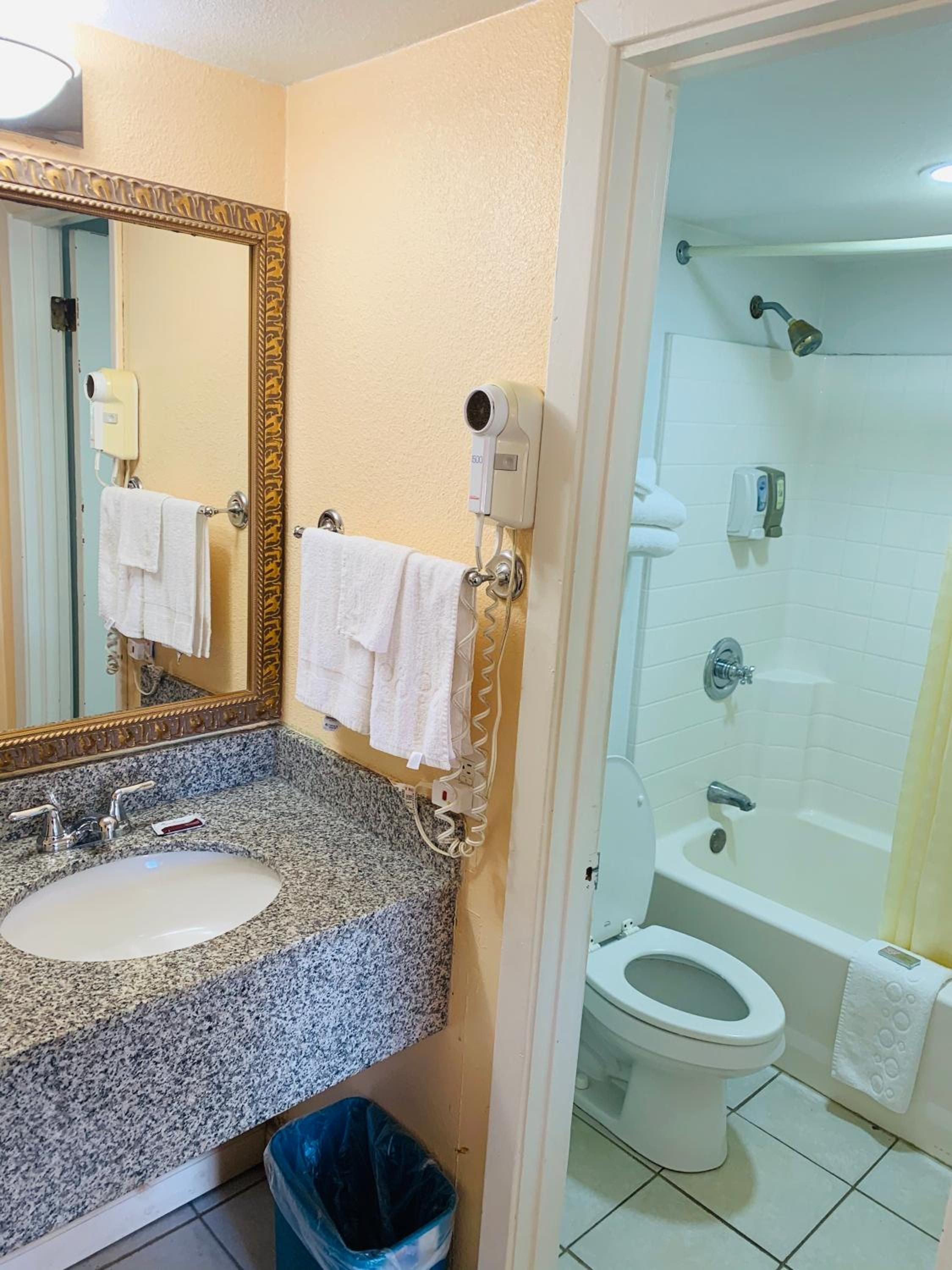 Une salle de bain avec un lavabo doté d’un plan de travail en granit, un miroir avec un cadre décoratif, un sèche-cheveux portatif et une douchette à main, ainsi que des toilettes.
