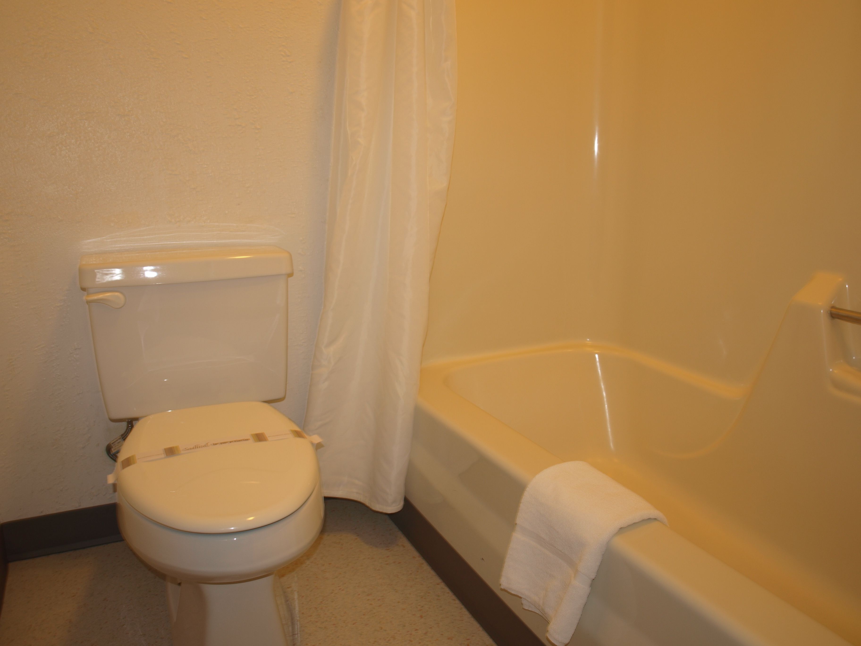 A bathroom with a toilet, a bathtub, and a shower curtain.