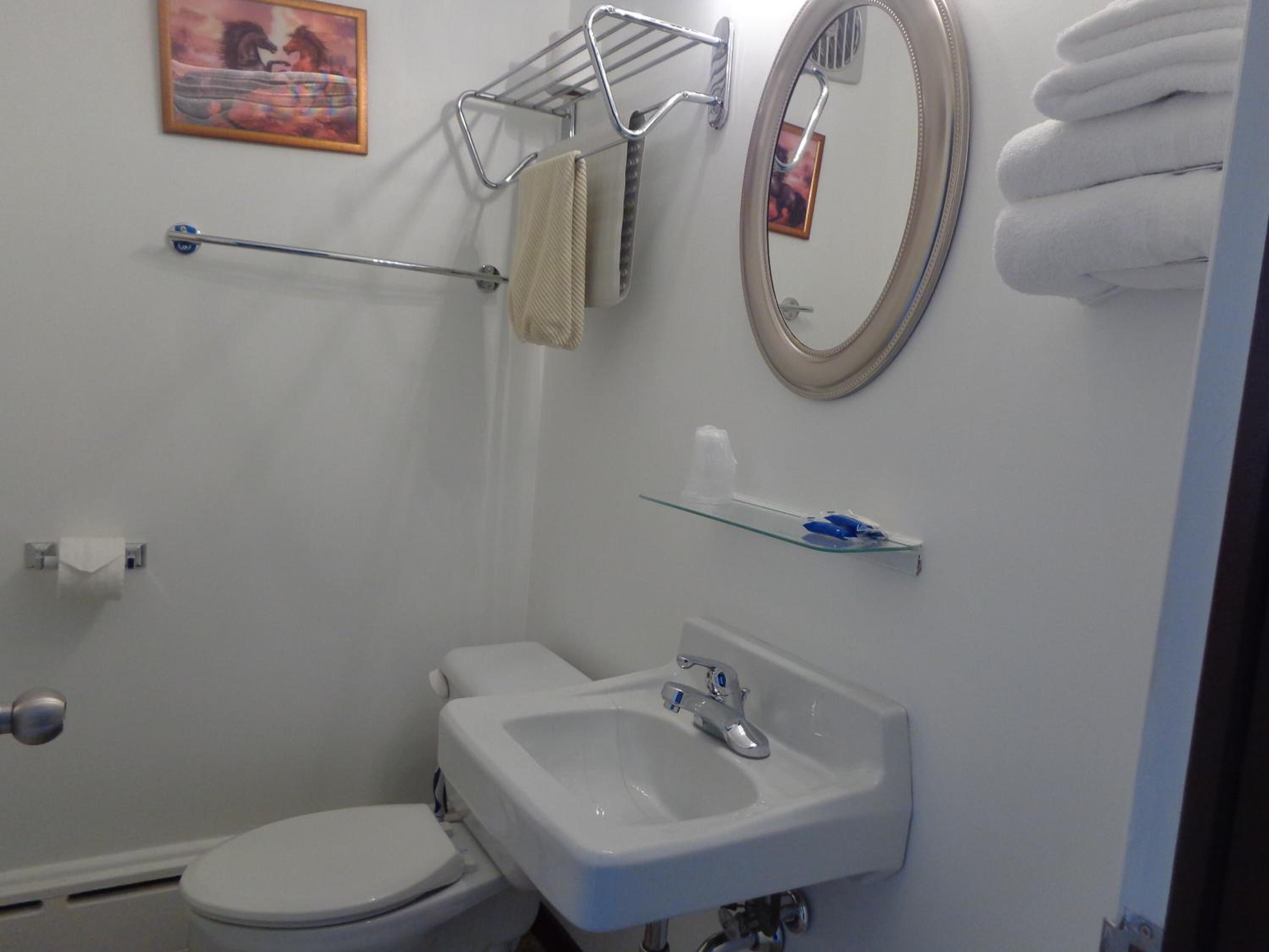 Un baño con inodoro, lavamanos, toallero y espejo.