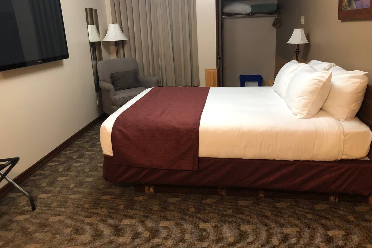 Quarto de hotel com uma cama grande, televisão de tela plana, duas luminárias, uma cadeira, guarda-roupa e um quadro na parede.