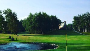 Un campo de golf con una bandera, un estanque y árboles al fondo.