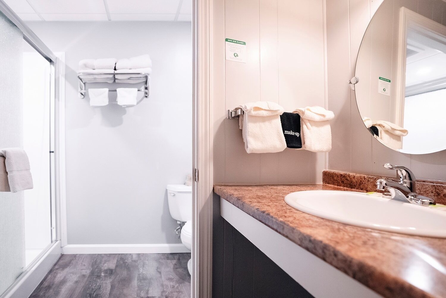 hair dryer, towels, soap, shampoo