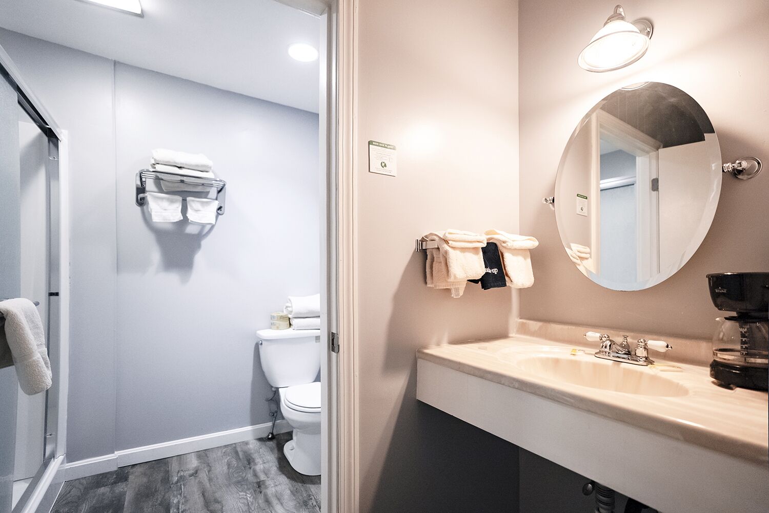 queen and double 209 | bathroom | hair dryer, towels, soap, shampoo