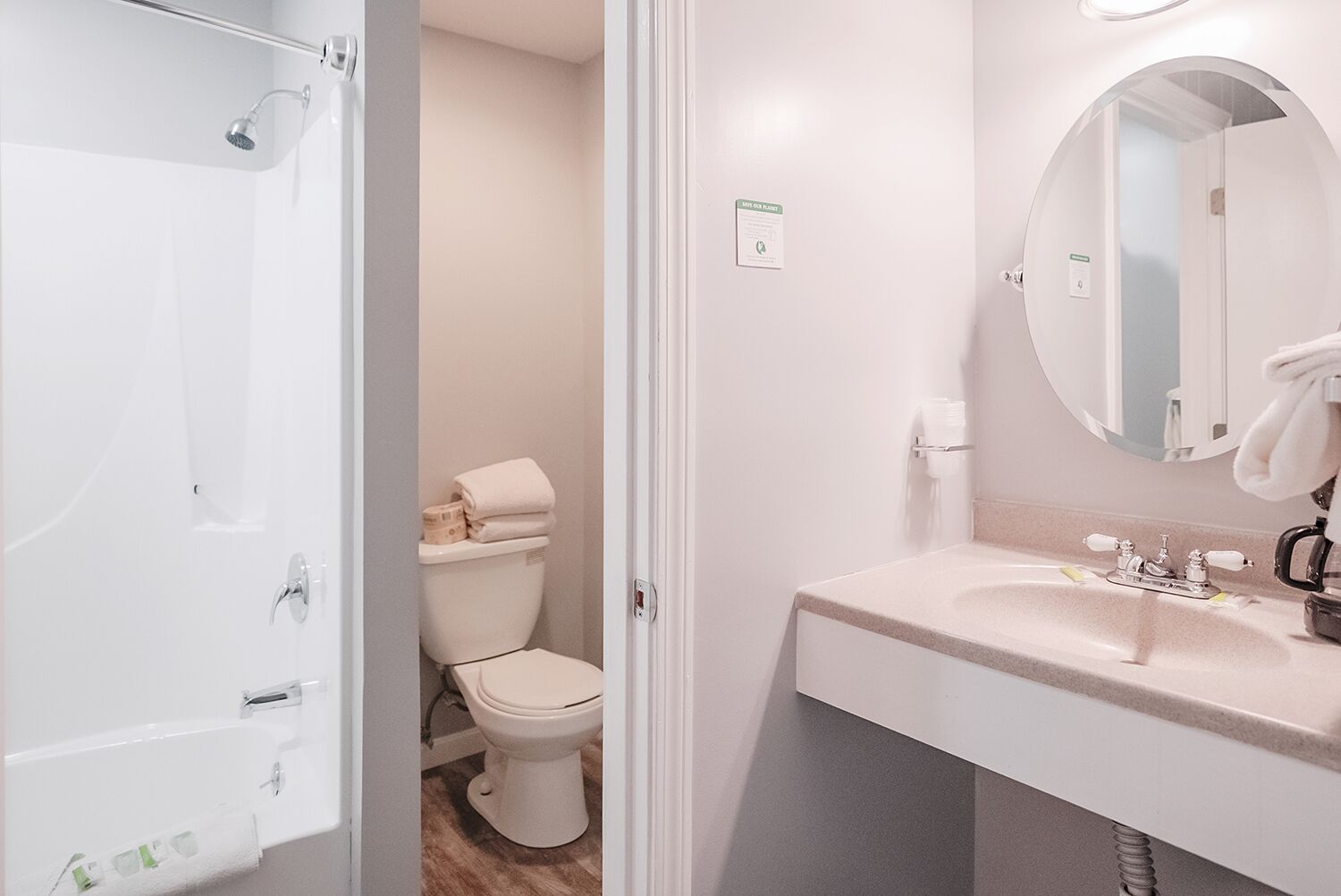 queen and double 207 | bathroom | hair dryer, towels, soap, shampoo