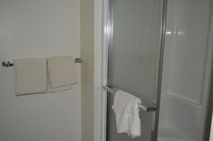 A bathroom with a glass shower door, a towel rack with two towels, and a plain wall.