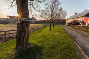 A rustic barn with a dirt path leading to it, surrounded by a fenced area and a tree.