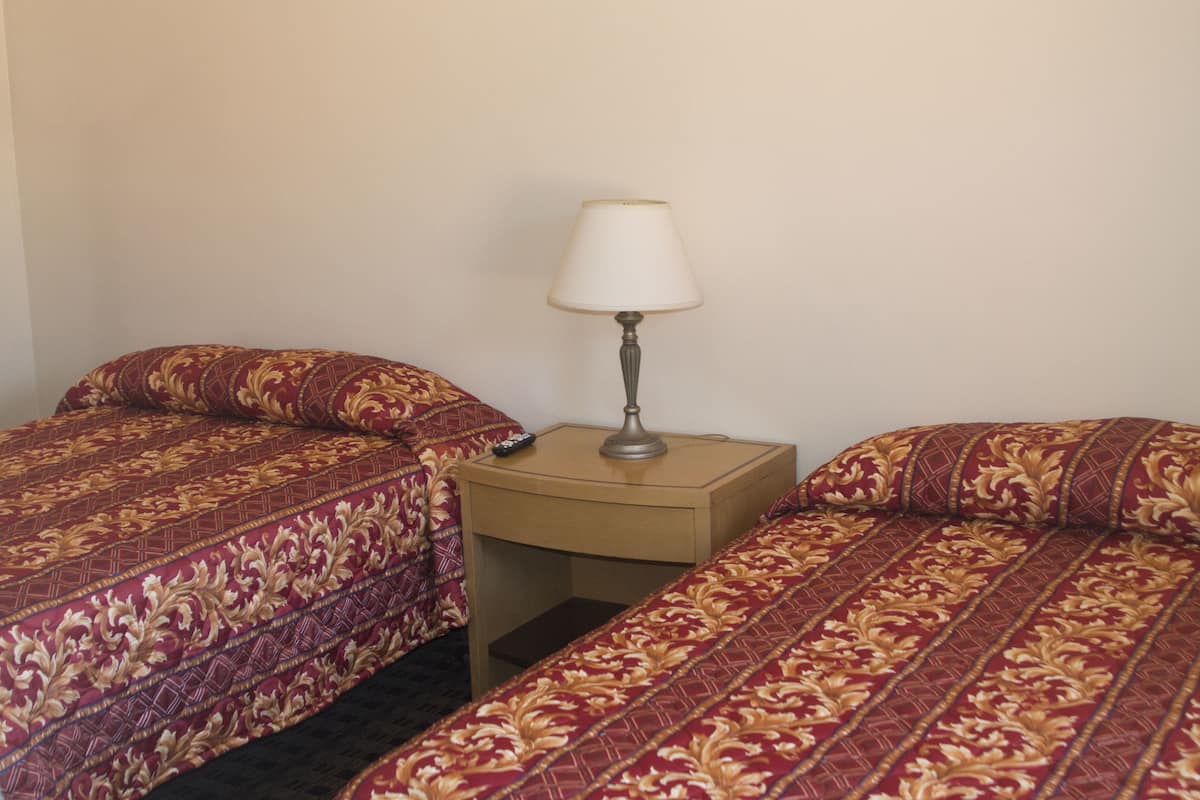 A hotel room with two single beds, each with a patterned bedspread, a bedside table with a lamp, and a remote control on the table.