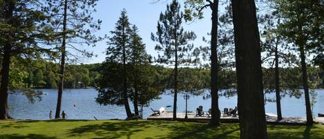 A lakeside park with a dock, picnic tables, and a grassy area.