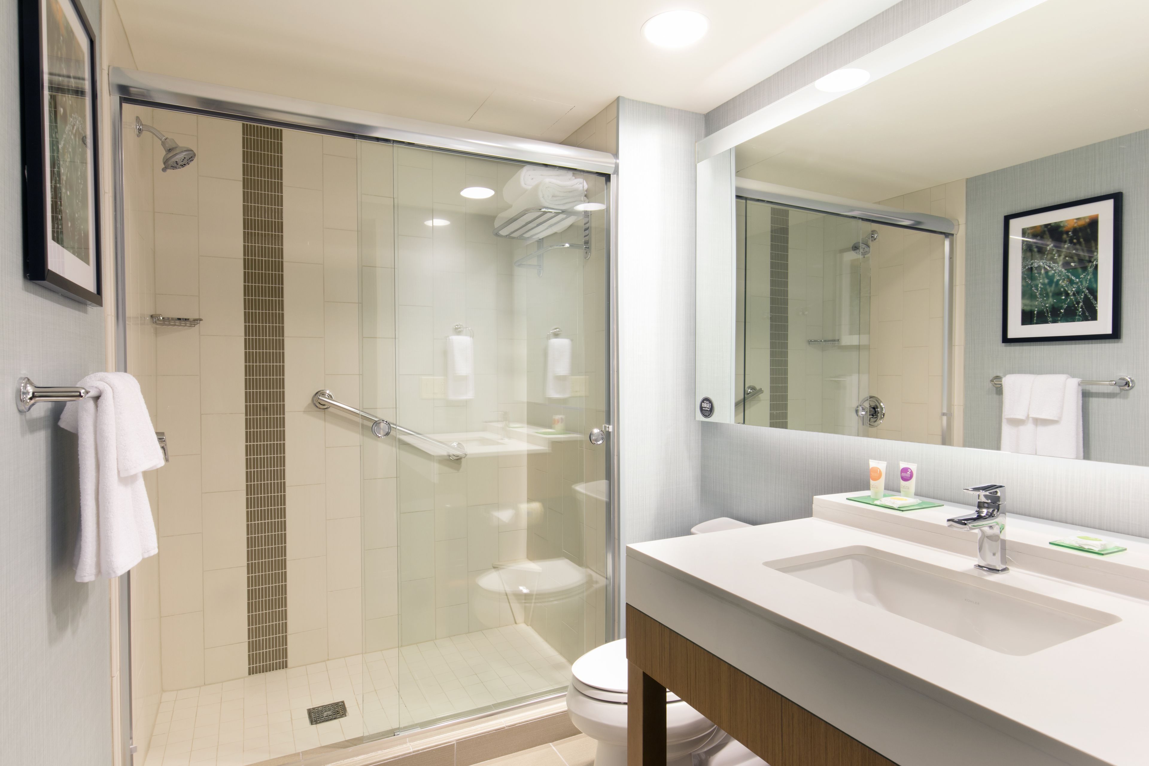 designer toiletries, hair dryer, towels, soap