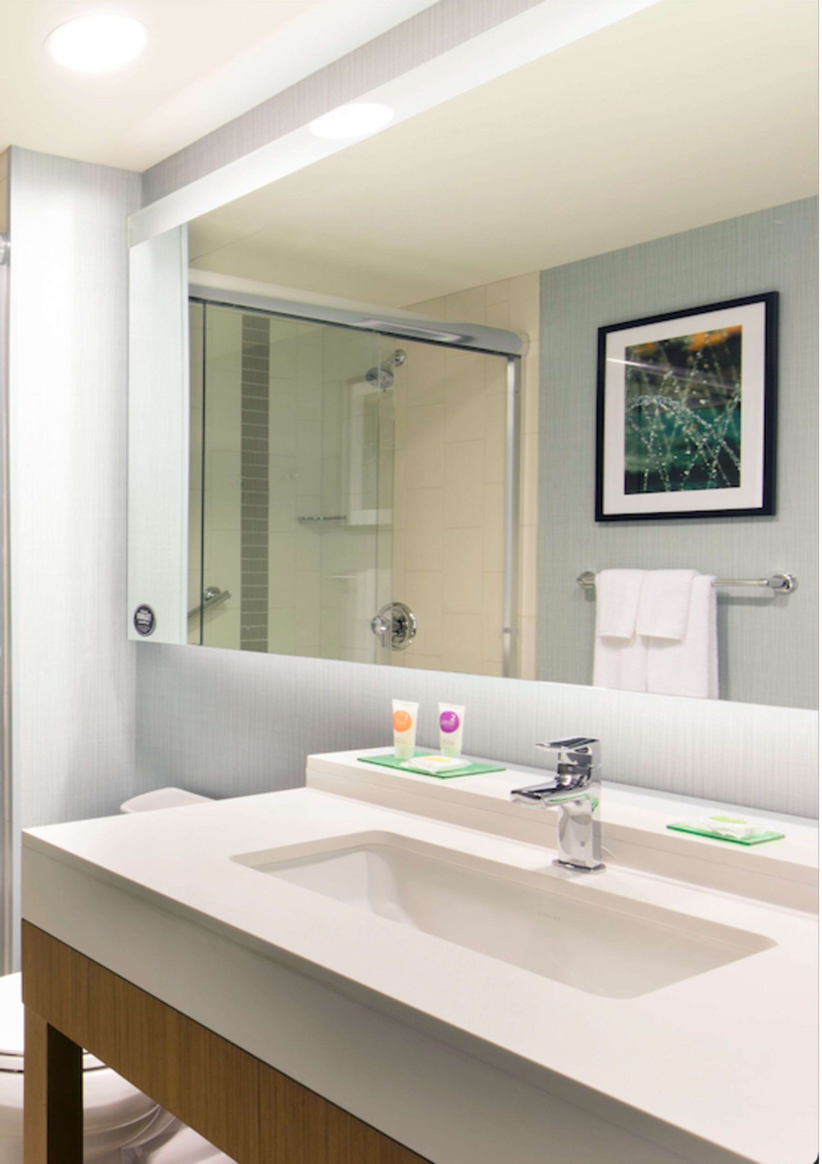 designer toiletries, hair dryer, towels, soap