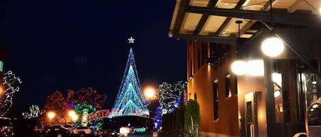 Une vue nocturne d’une rue, avec un sapin de Noël illuminé et un bâtiment dont l’entrée est abritée.