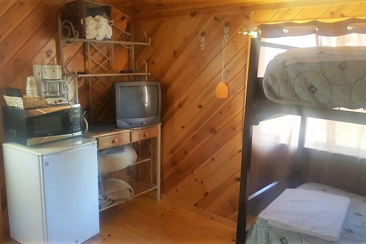 A compact room with a wooden interior, a small kitchenette with a microwave, a refrigerator, a television, and a bunk bed with a quilted mattress.