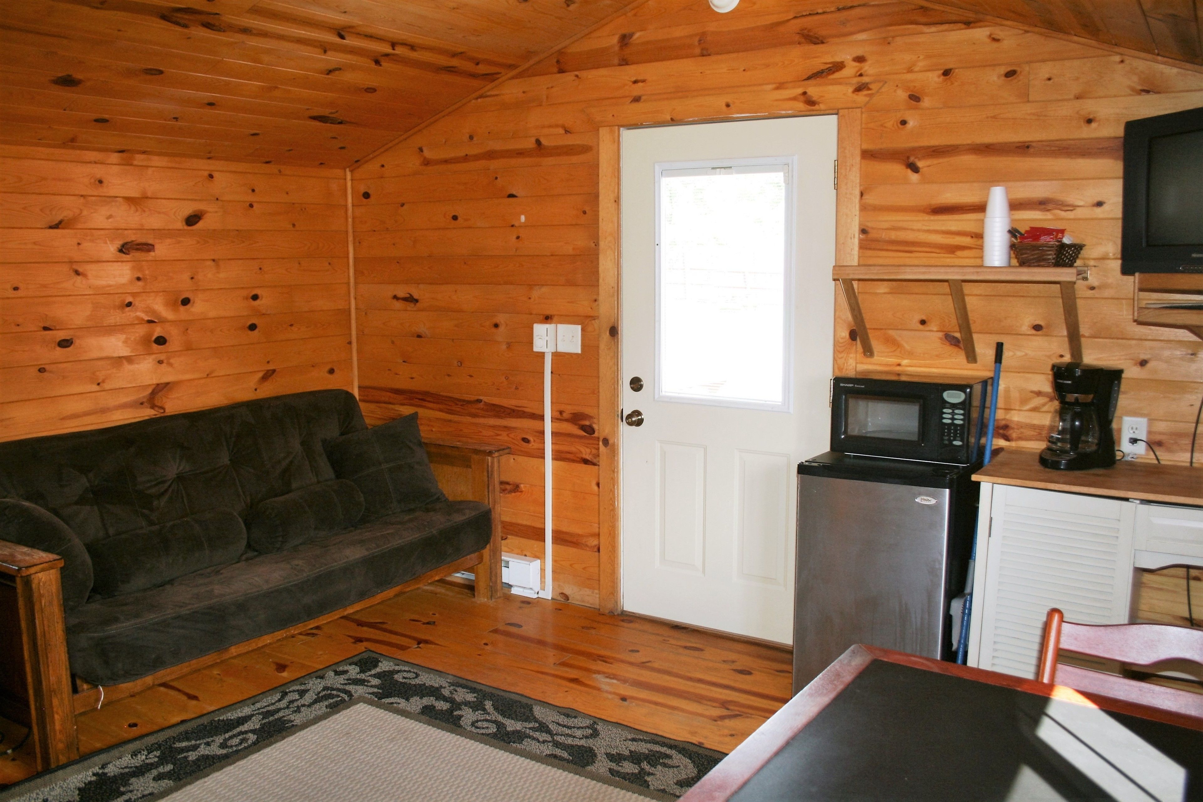 Une petite cabane en bois comprenant un canapé, un four à micro-ondes, un réfrigérateur et un téléviseur.