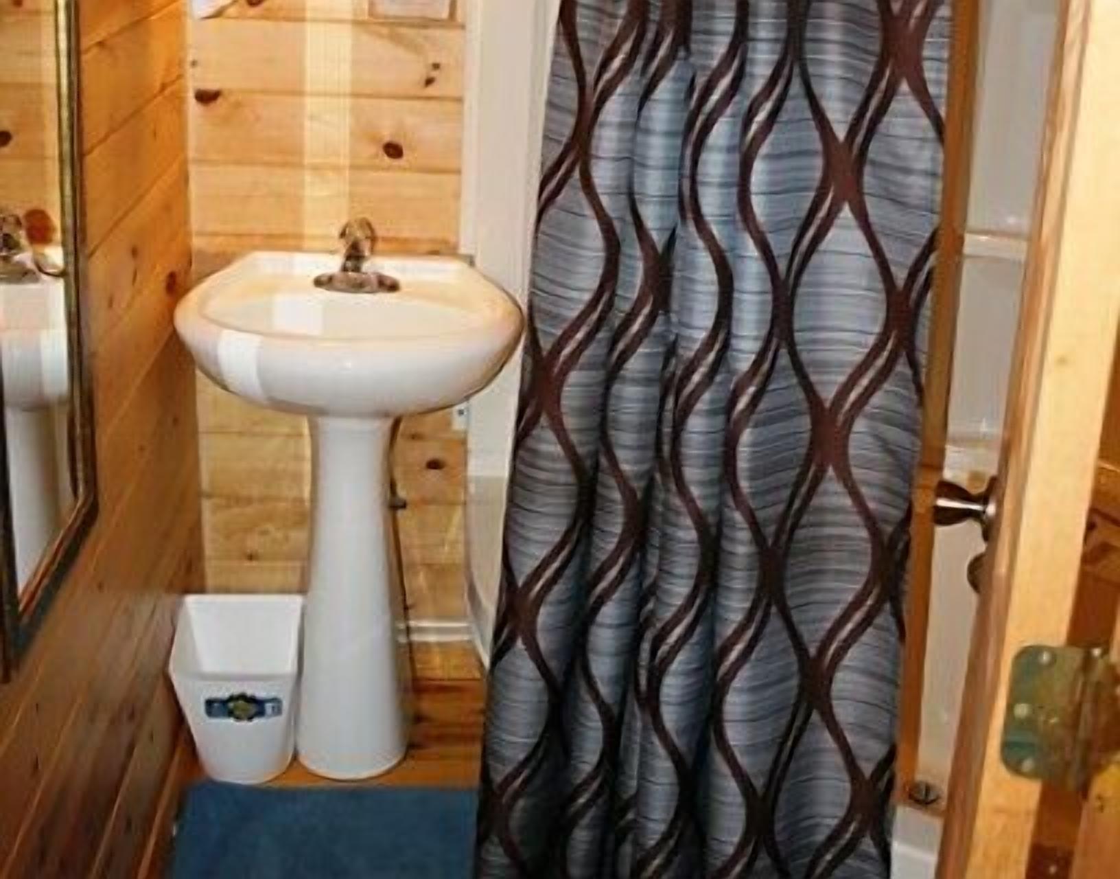 Un baño con piso de madera, un lavamanos blanco pedestal, un cubo de basura blanco y una cortina de ducha estampada.